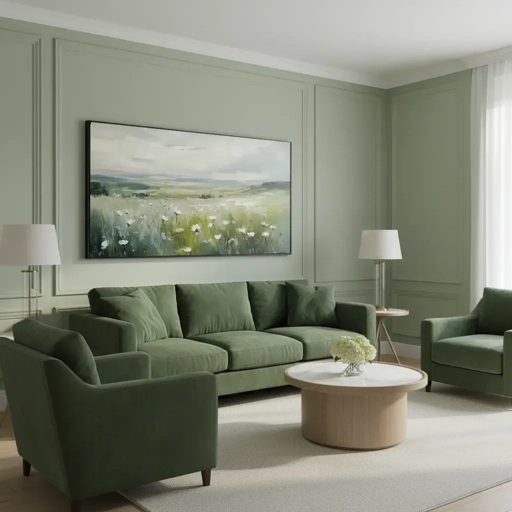 Modern living room with green sofa, armchair, and round coffee table, and a Floral Landscape Oil Painting Art on the Wall.