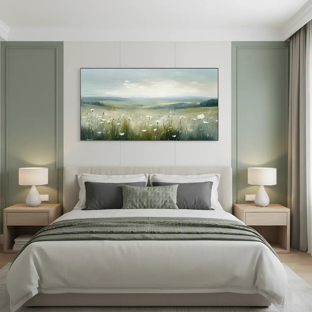 Modern bedroom with a large bed, nightstands, and a wall painting of a field.
