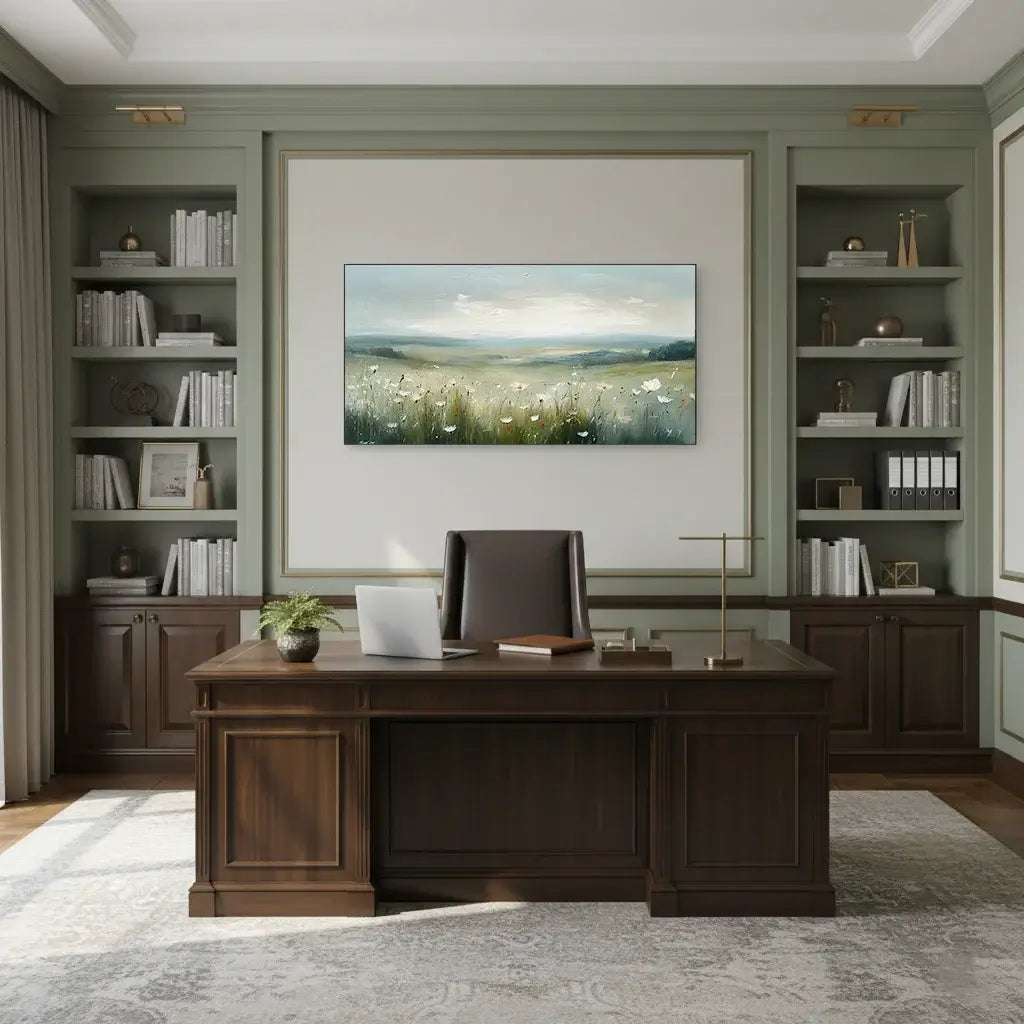 Modern office interior with a wooden desk, bookshelves, and a large painting of a field.