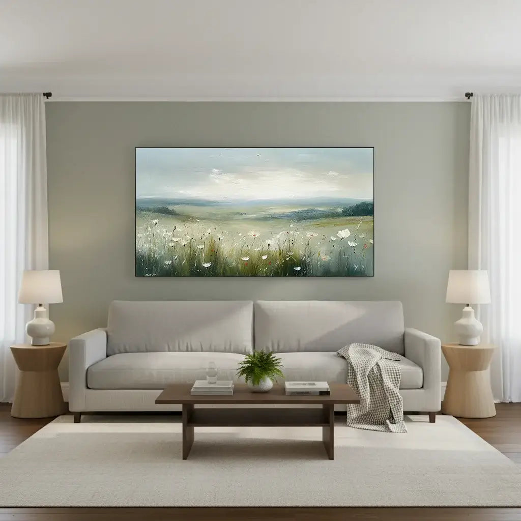 Modern living room with a large floral landscape oil painting, white sofa, wooden coffee table, and decorative items.