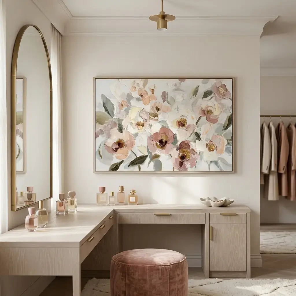 Dressing room with floral artwork, vanity table, and mirror.