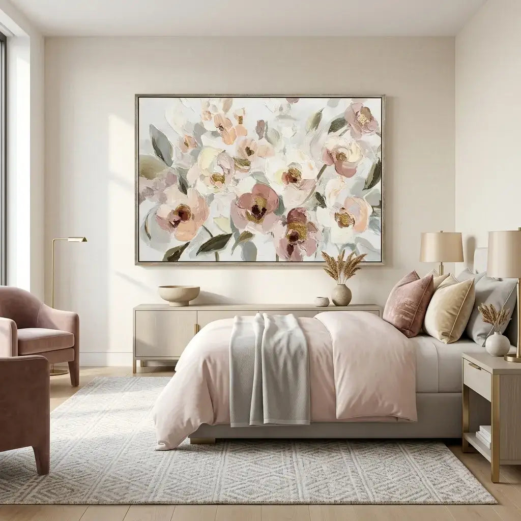 Modern bedroom with floral artwork on the wall, bed with pink bedding, and side tables.