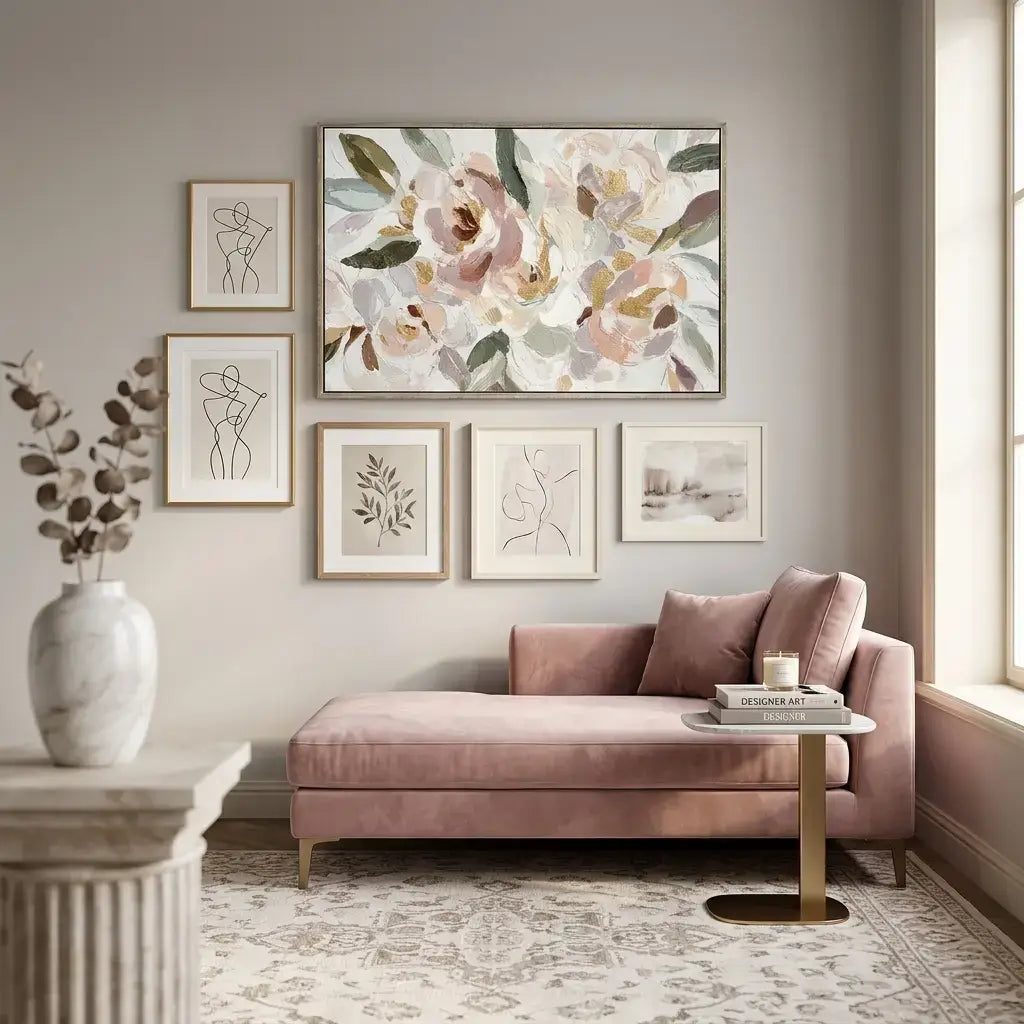 Living room with pink sofa, floral artwork, and decorative elements.