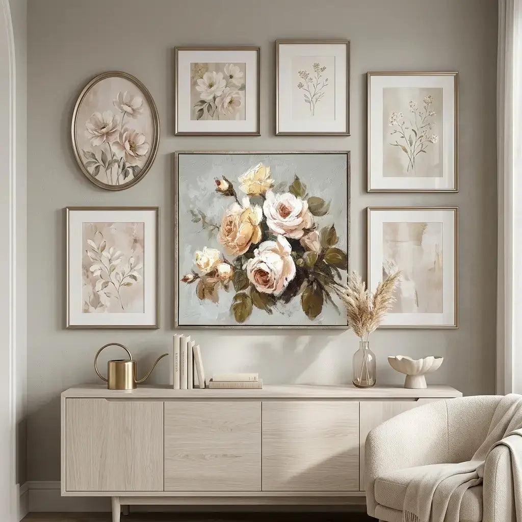 Decorative wall art with floral prints and a vase on a wooden console table.