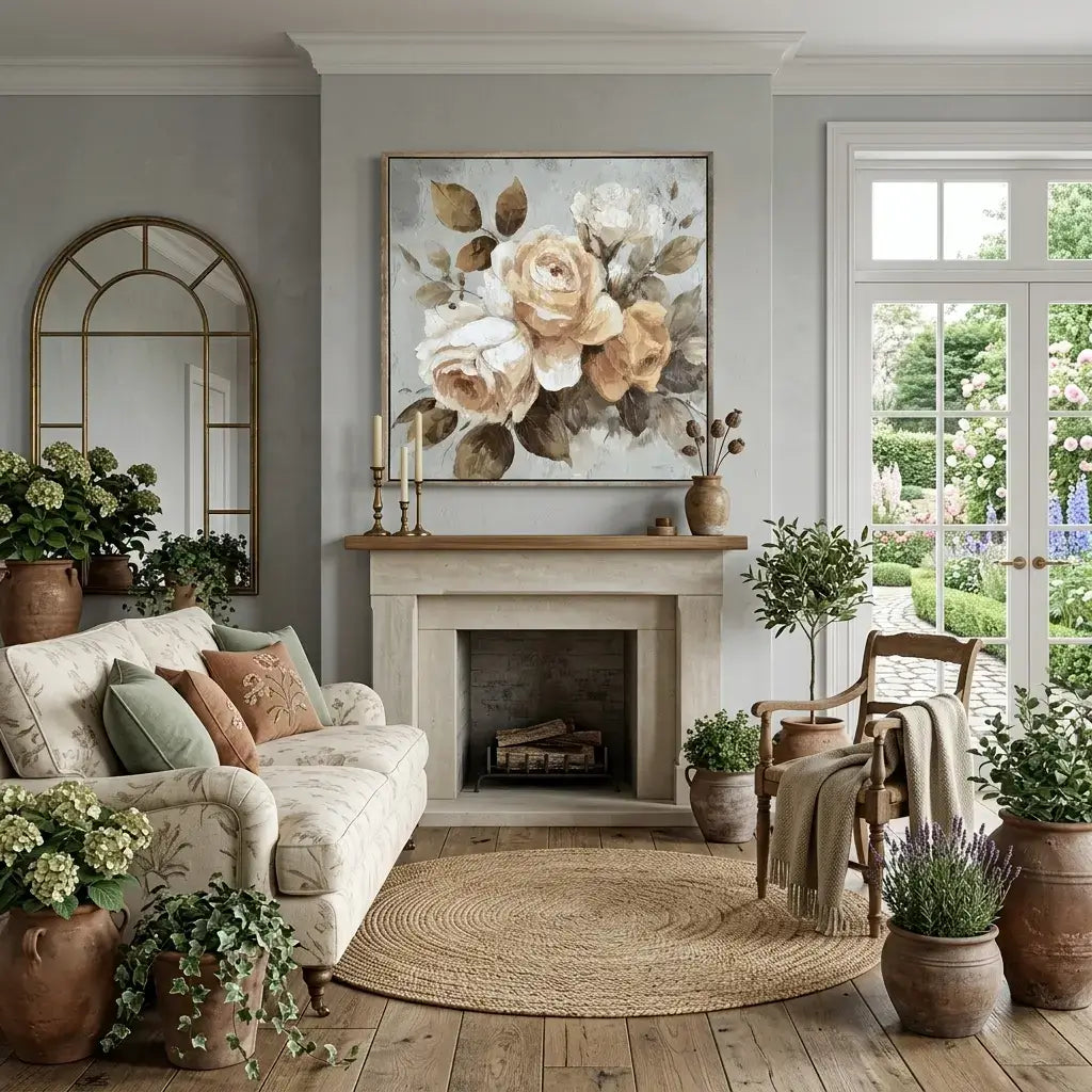 Cozy living room with floral artwork above a fireplace, surrounded by plants and decor.