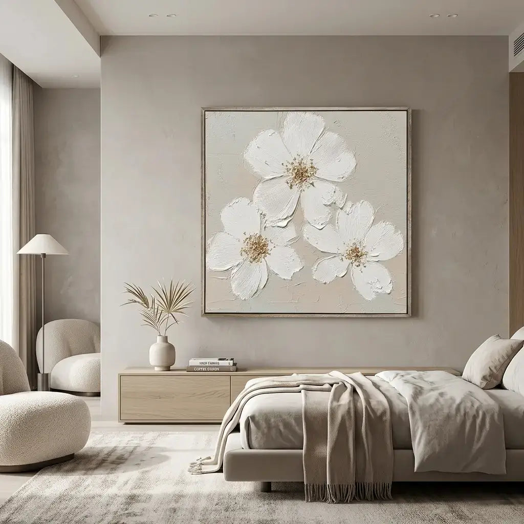 Modern bedroom with floral artwork on the wall