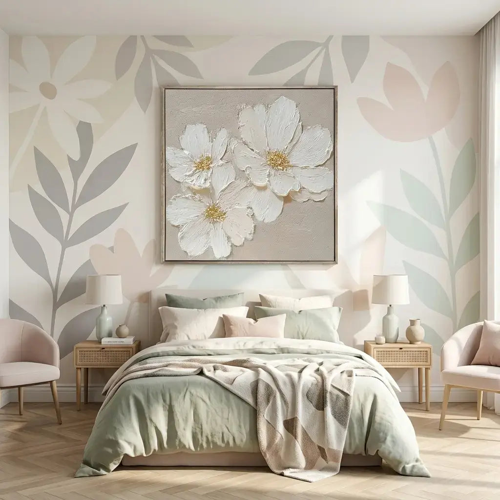 Neatly made bed with floral wall art and matching wallpaper in a bedroom setting.