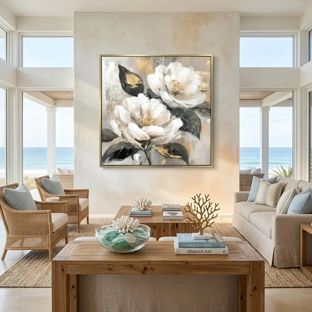 Living room with a large floral painting on the wall, wooden coffee table, and ocean view.