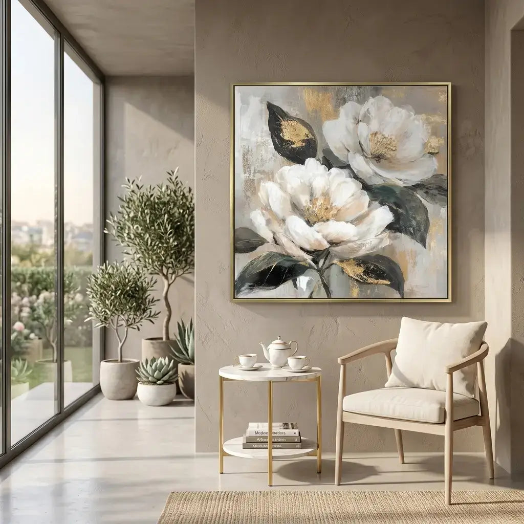 Modern interior with a floral painting, chair, and small table.