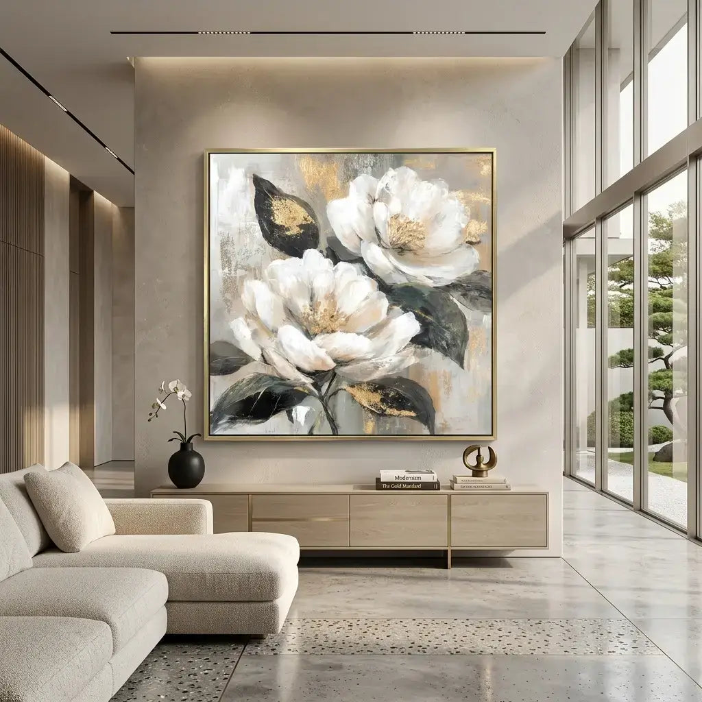 Modern living room with a large floral painting on the wall