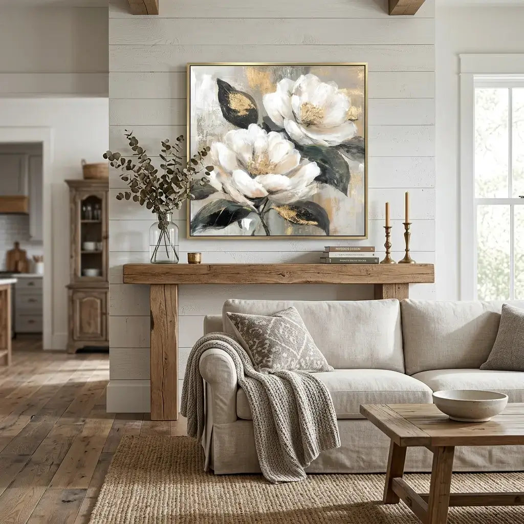 Living room with a floral painting above a wooden console table, beige sofa, and wooden coffee table.