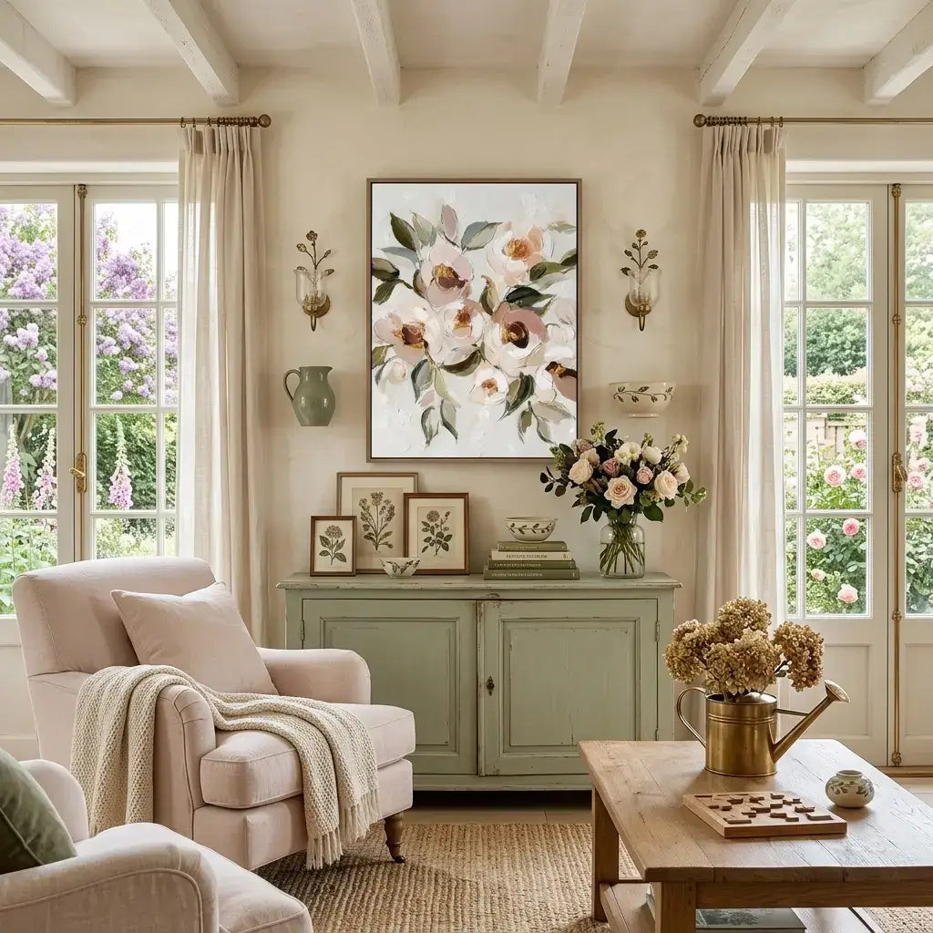 Living room with floral artwork, furniture, and decorative elements.