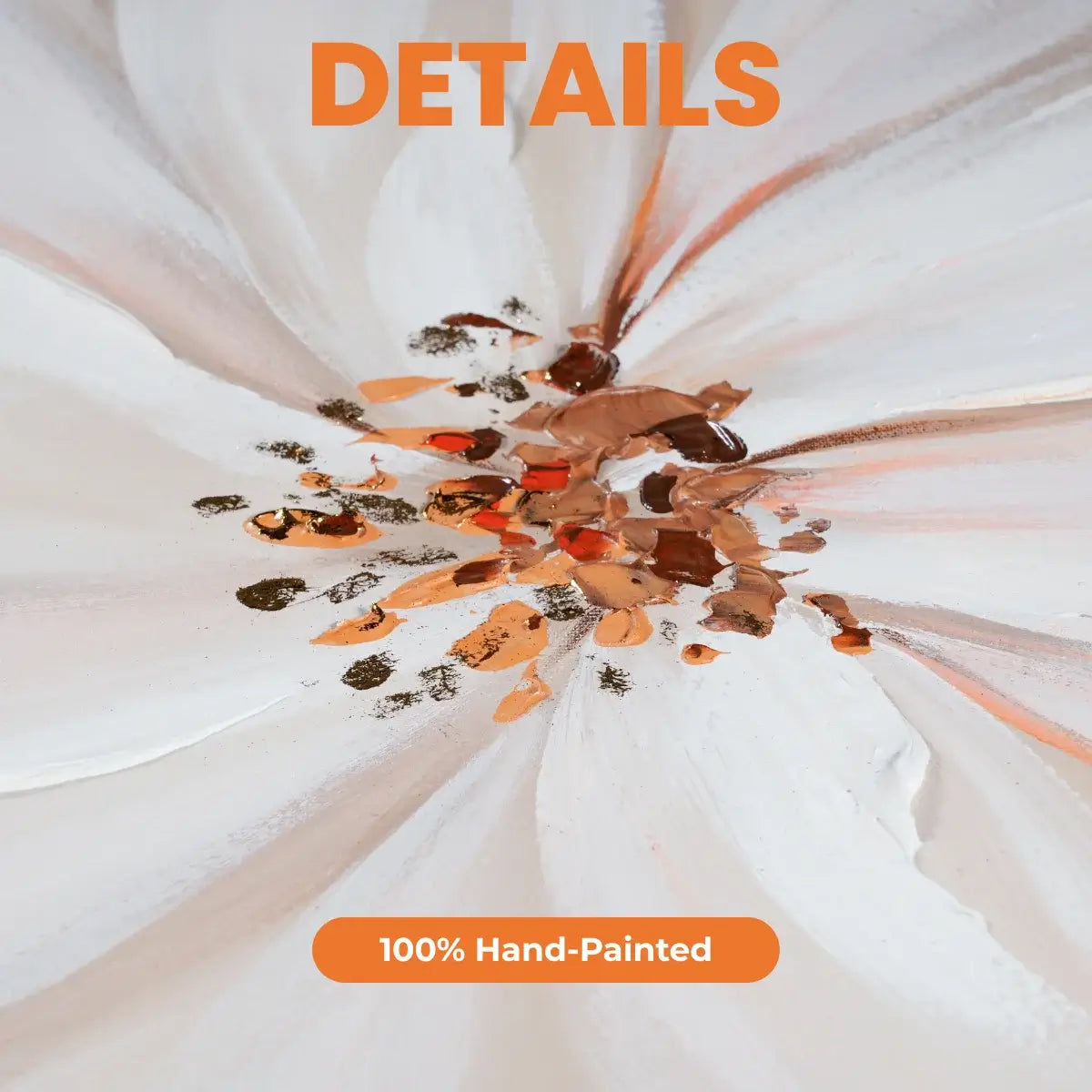 Close-up of a hand-painted flower with '100% Hand-Painted' label on a white background
