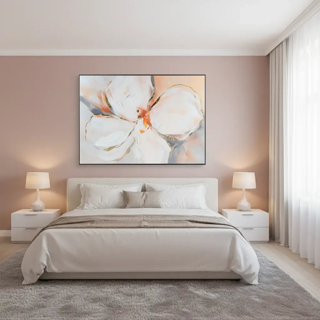 Modern bedroom with a large floral painting on the wall, two lamps, and a bed.
