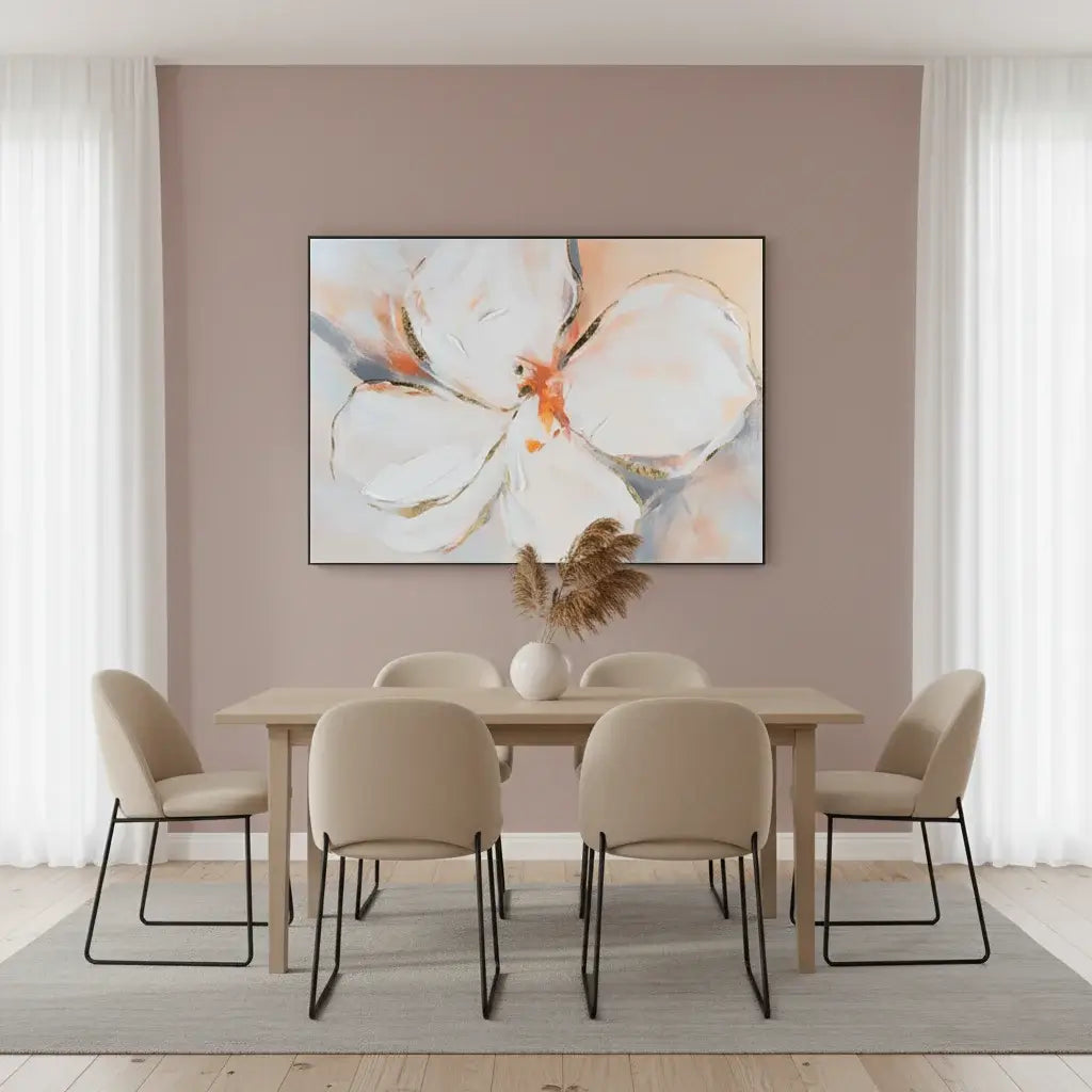 Dining room with a large abstract floral painting on the wall.