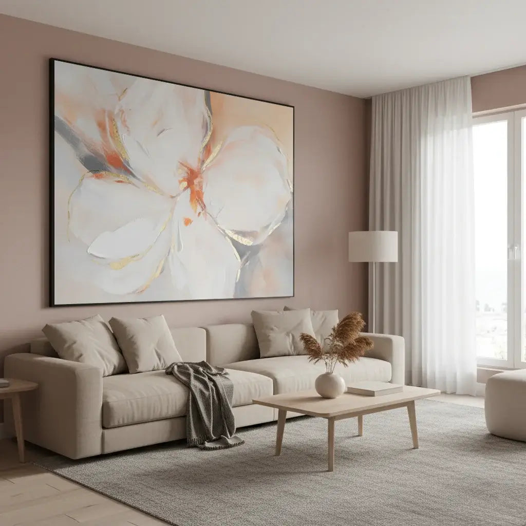 Modern living room with a large abstract painting on the wall, beige sofa, and wooden coffee table.