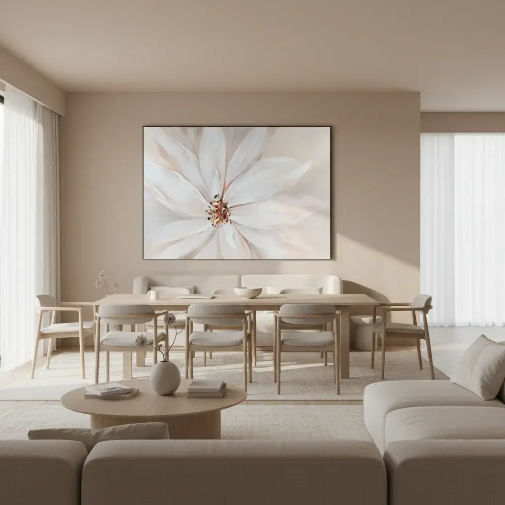 Modern living room with a large abstract floral painting on the wall.