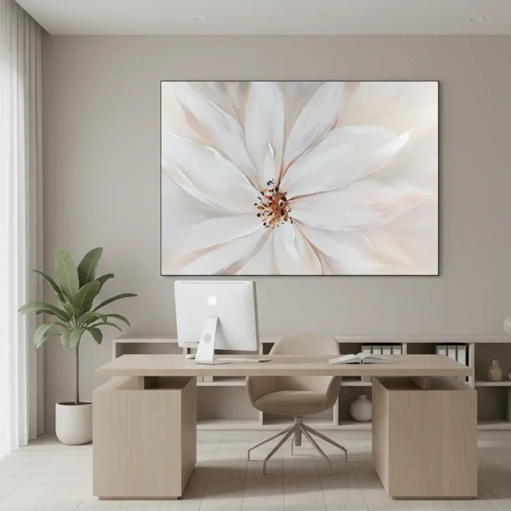 Modern office setup with a large abstract flower painting on the wall.