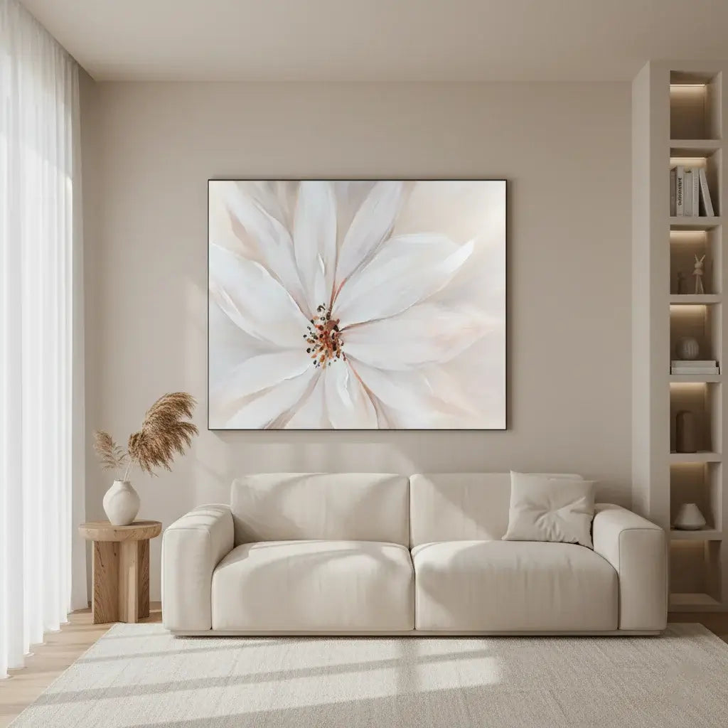 Beige living room with a large abstract floral painting on the wall above a beige sofa.