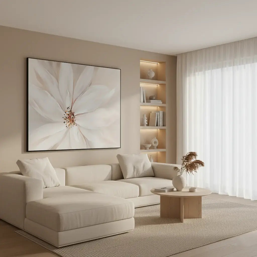 Modern living room with a beige sofa, coffee table, and decorative wall art.