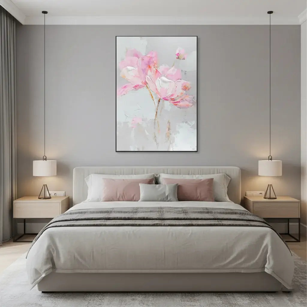 Modern bedroom with a bed, nightstands, and a floral painting on the wall.