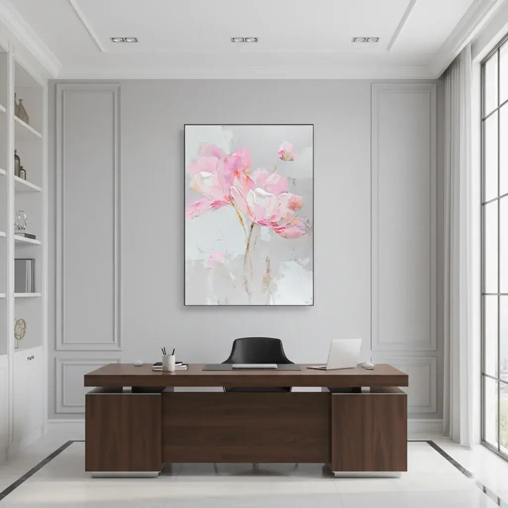 Modern office desk with a floral painting on the wall in a bright room.