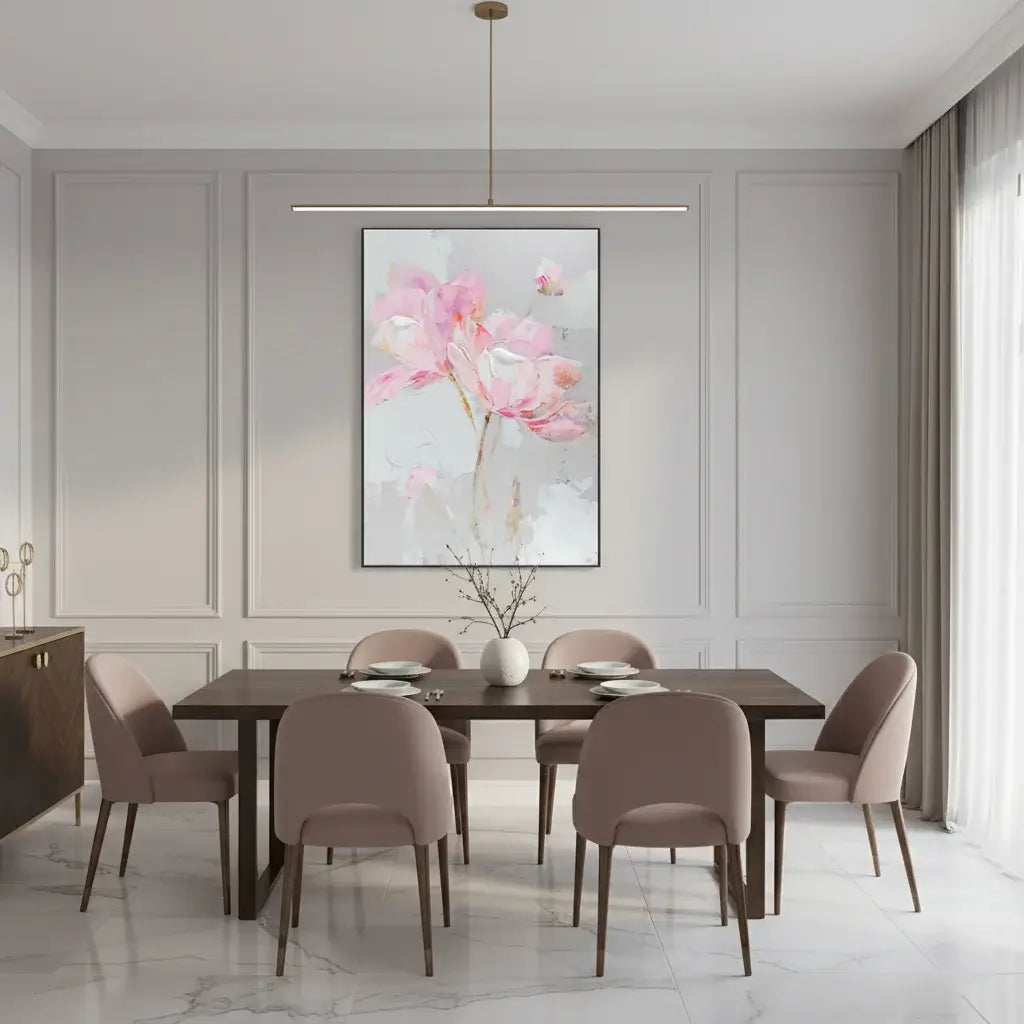 Dining room with a wooden table and chairs, a floral painting on the wall, and a vase with flowers.