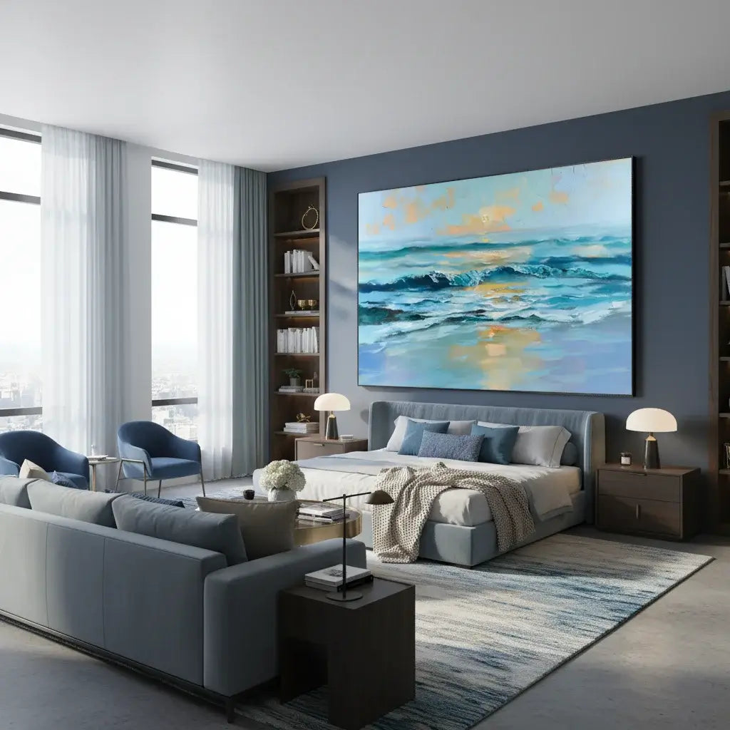 Modern bedroom with gray sofa, bed, and large ocean painting on wall.