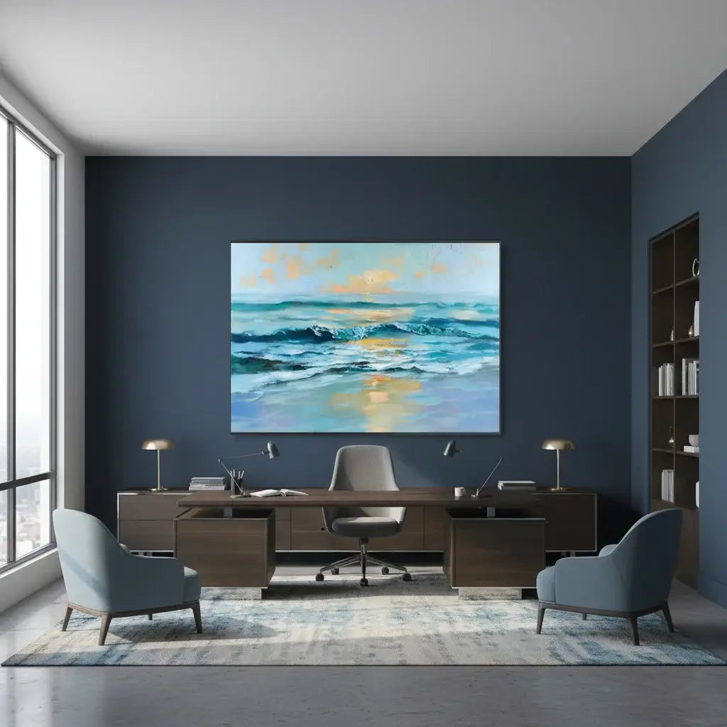 Modern office interior with a large desk, chairs, and a colorful ocean painting on the wall.