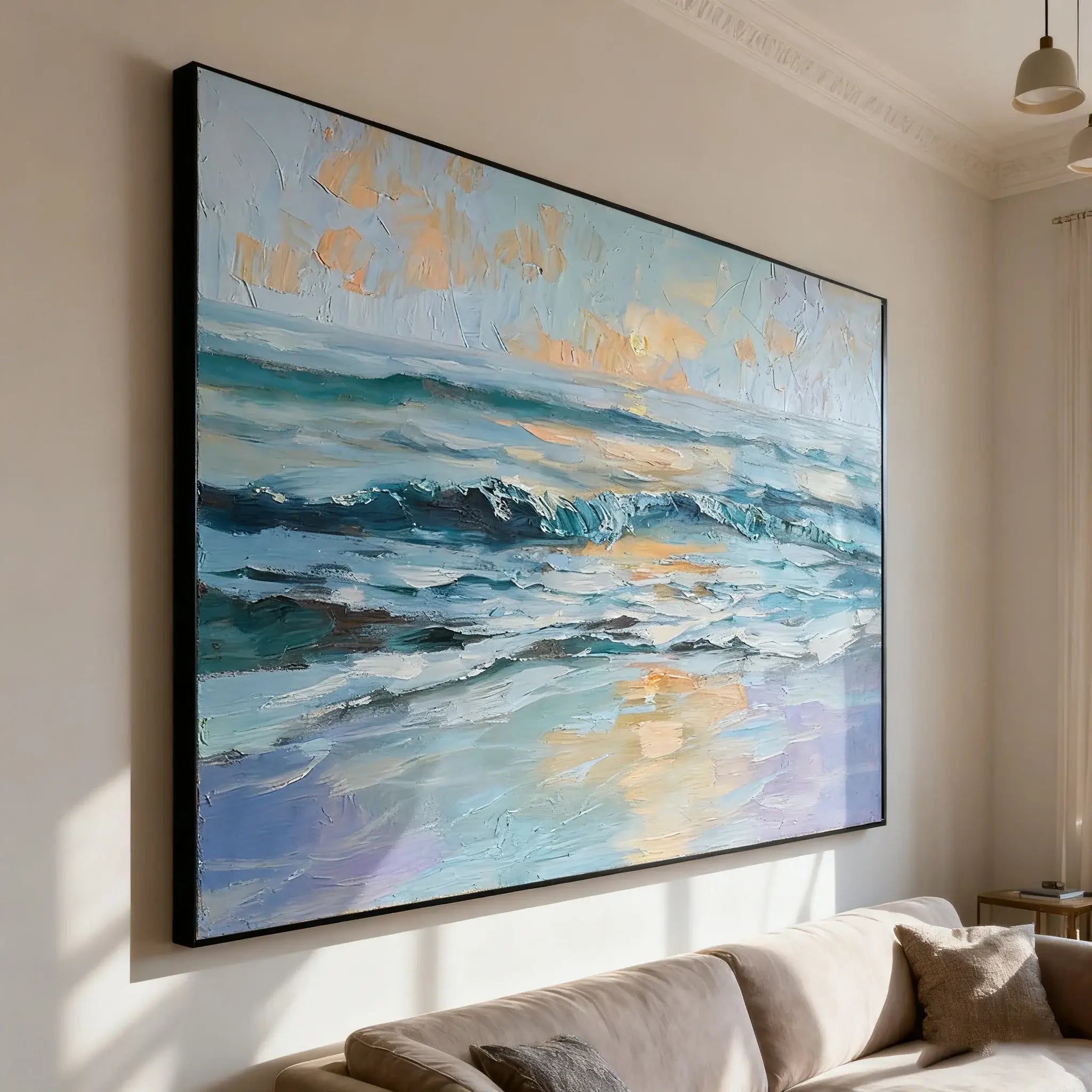 Large abstract painting of a seascape in a living room.