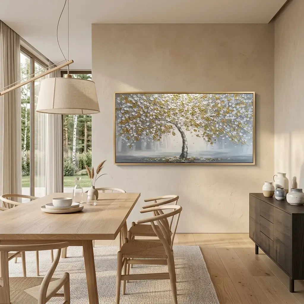 Dining room with wooden table, chairs, and a large wall art piece of a tree.