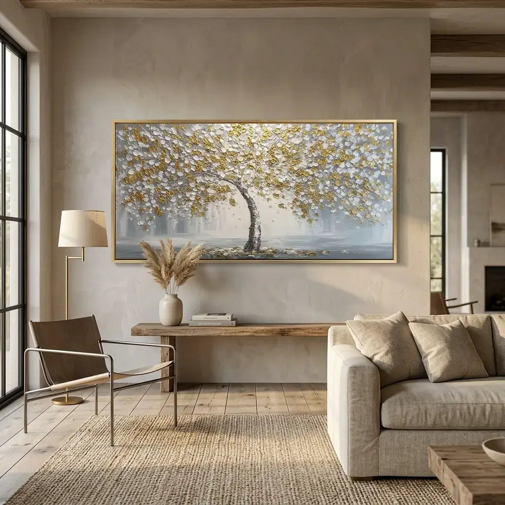 Living room with a large abstract painting of a tree on the wall, a sofa, and a chair.