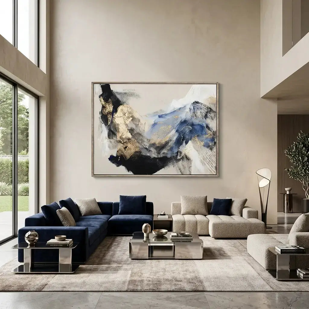Modern living room with a blue sofa, gray armchair, and abstract painting on the wall.