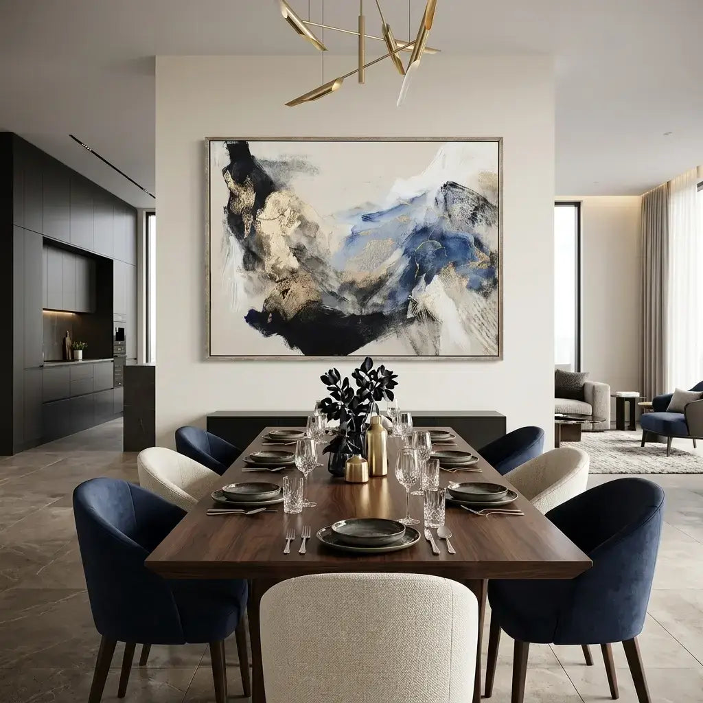 Modern dining room with a wooden table set for dinner, abstract art on the wall, and stylish chairs.