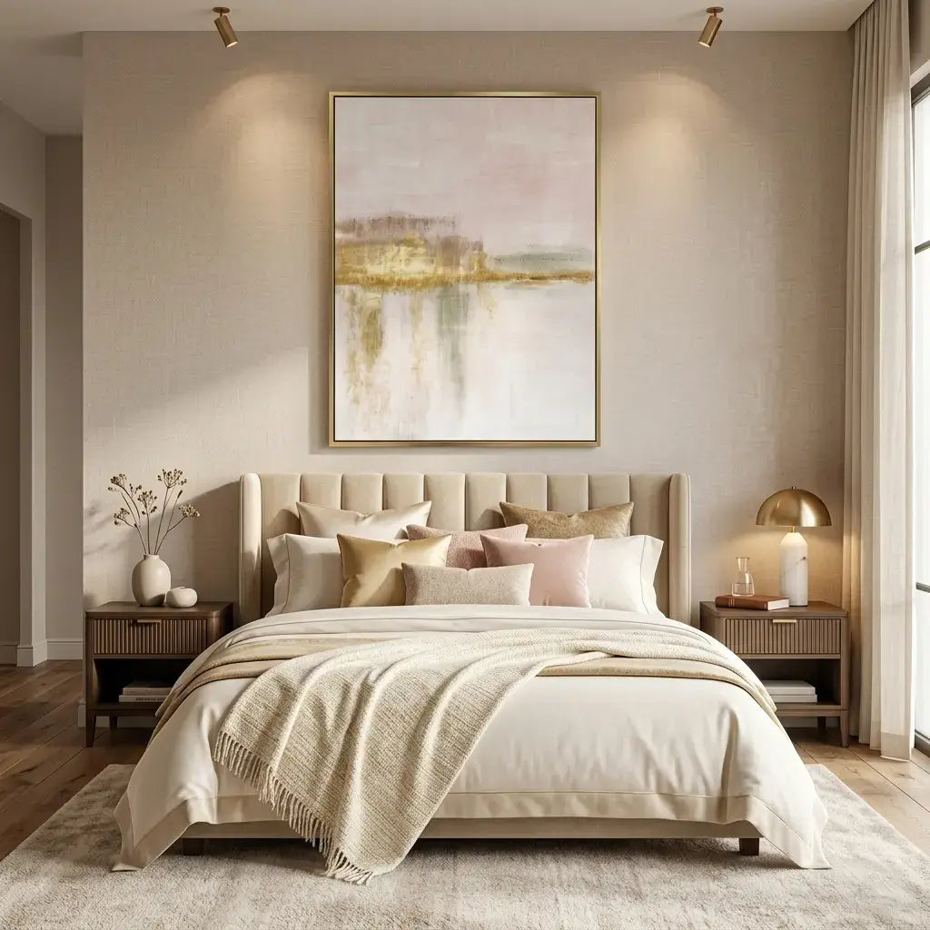 Neatly made bed in a bedroom with abstract art on the wall.