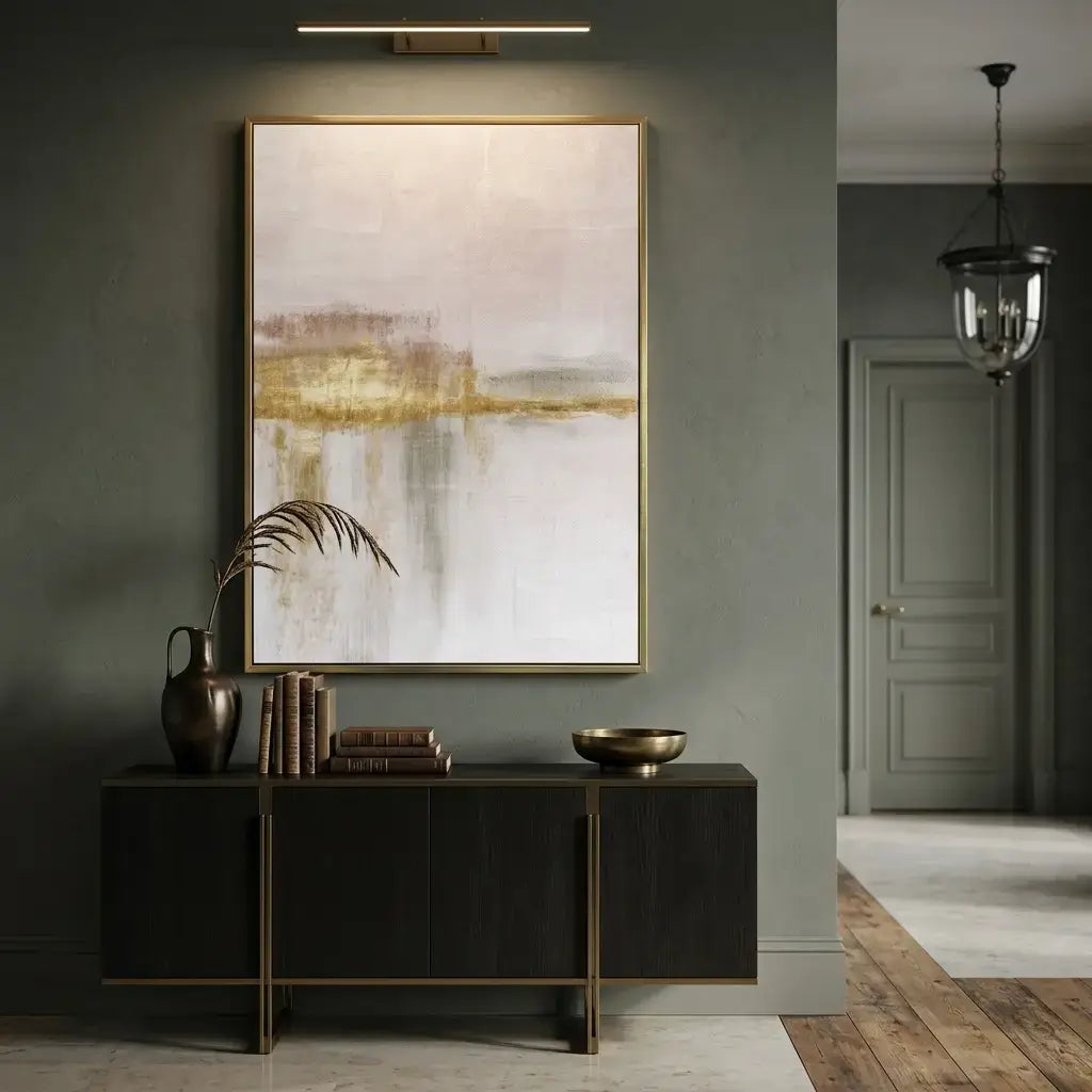 Modern interior with abstract art, dark wooden console table, and decorative items.