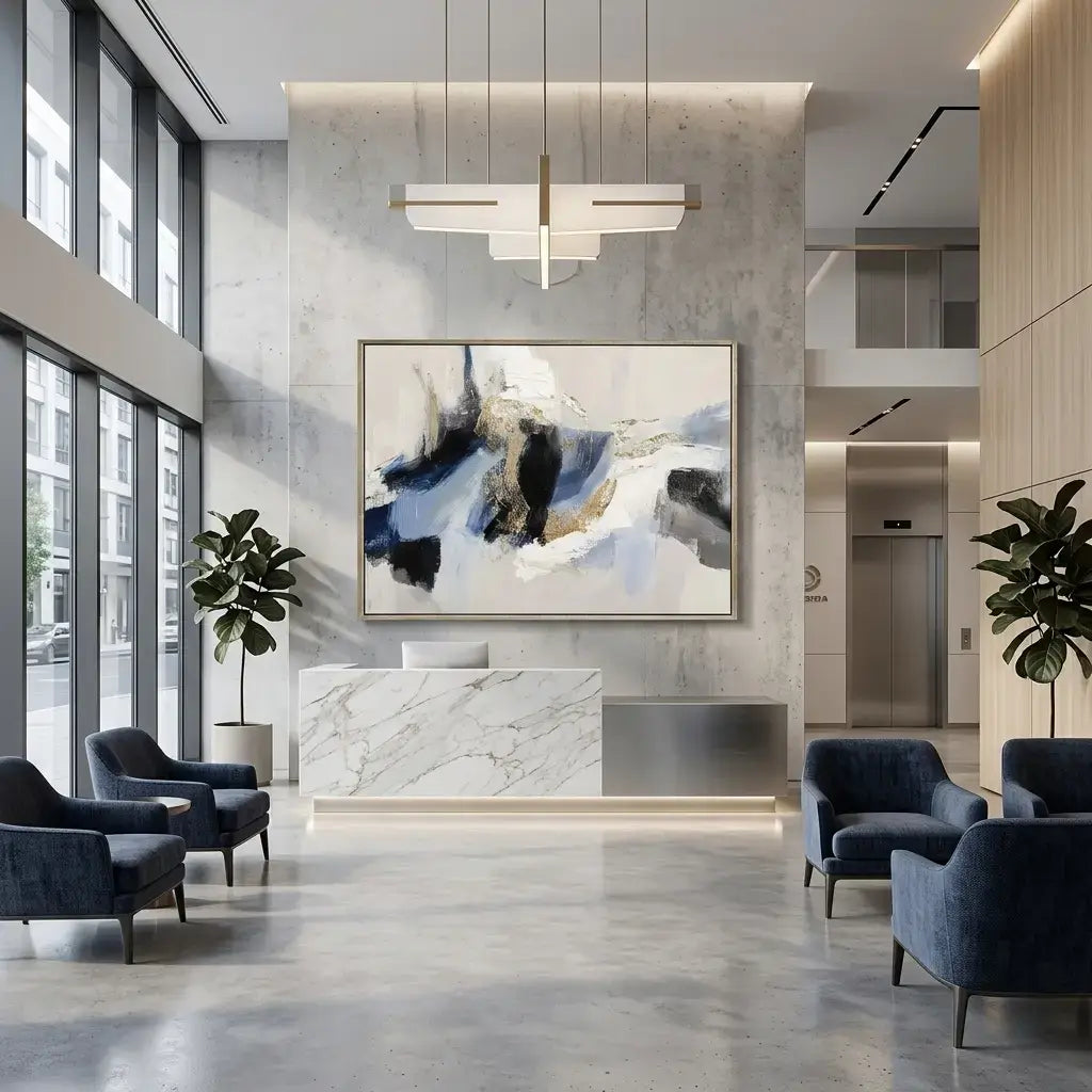 Modern lobby with abstract art, chairs, and a reception desk.