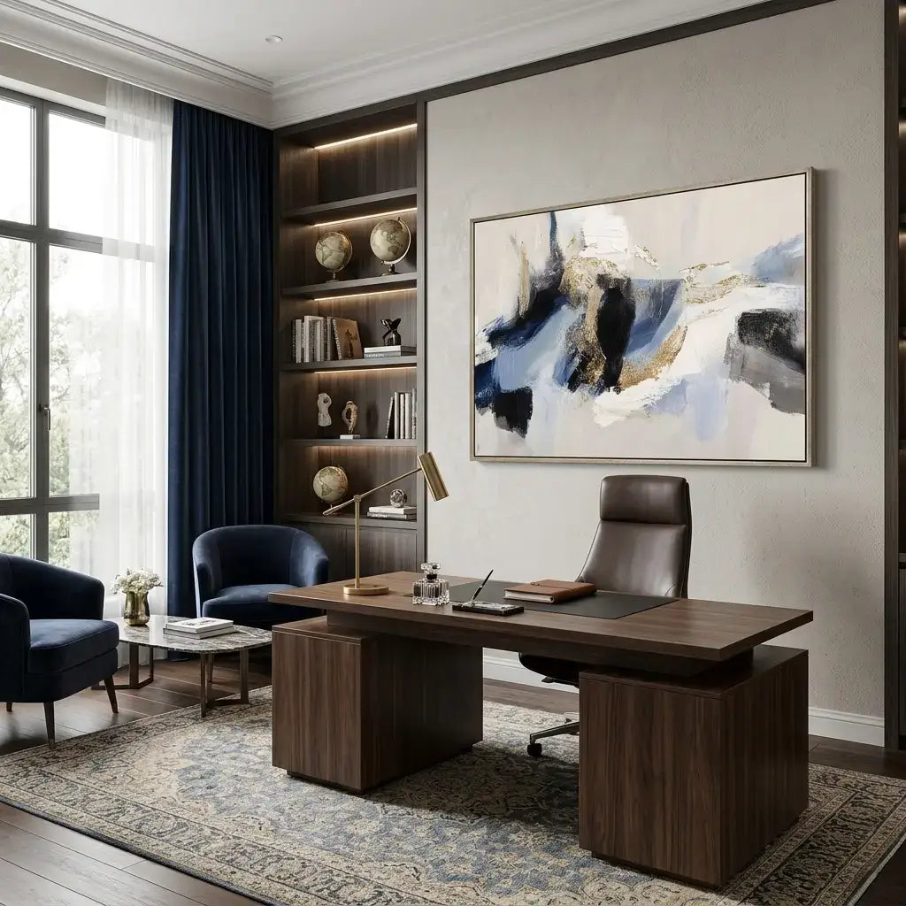 Modern office interior with a wooden desk, leather chair, and abstract art on the wall.
