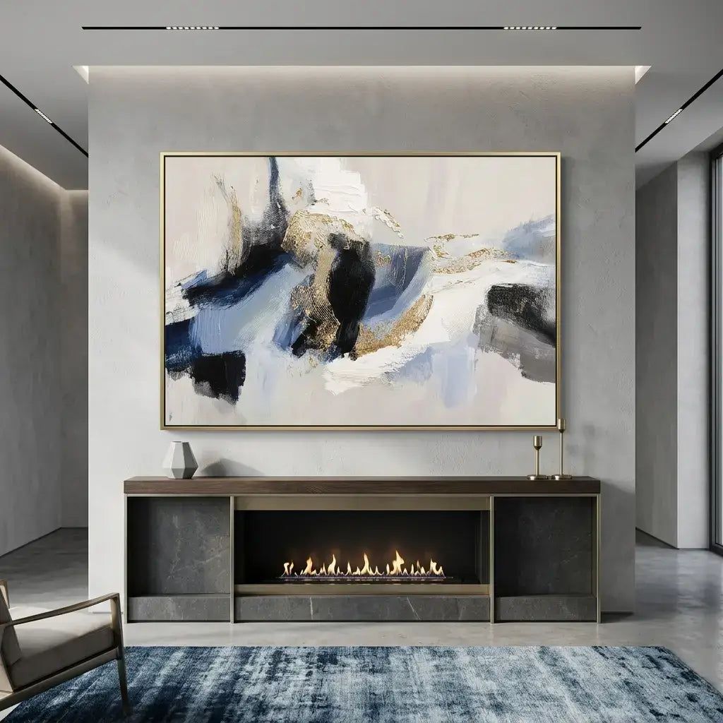 Abstract painting above a fireplace in a modern living room