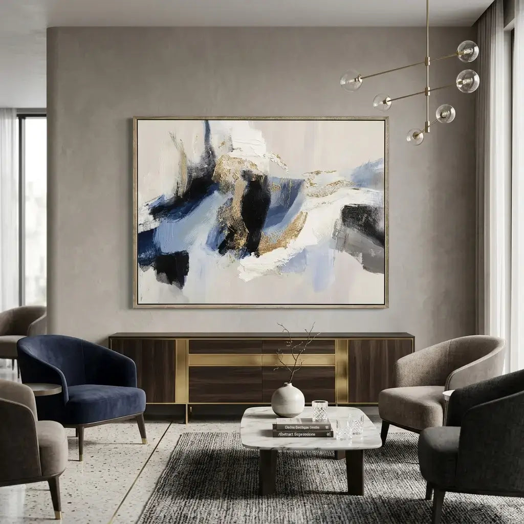 Modern living room with abstract painting, chairs, and a coffee table.
