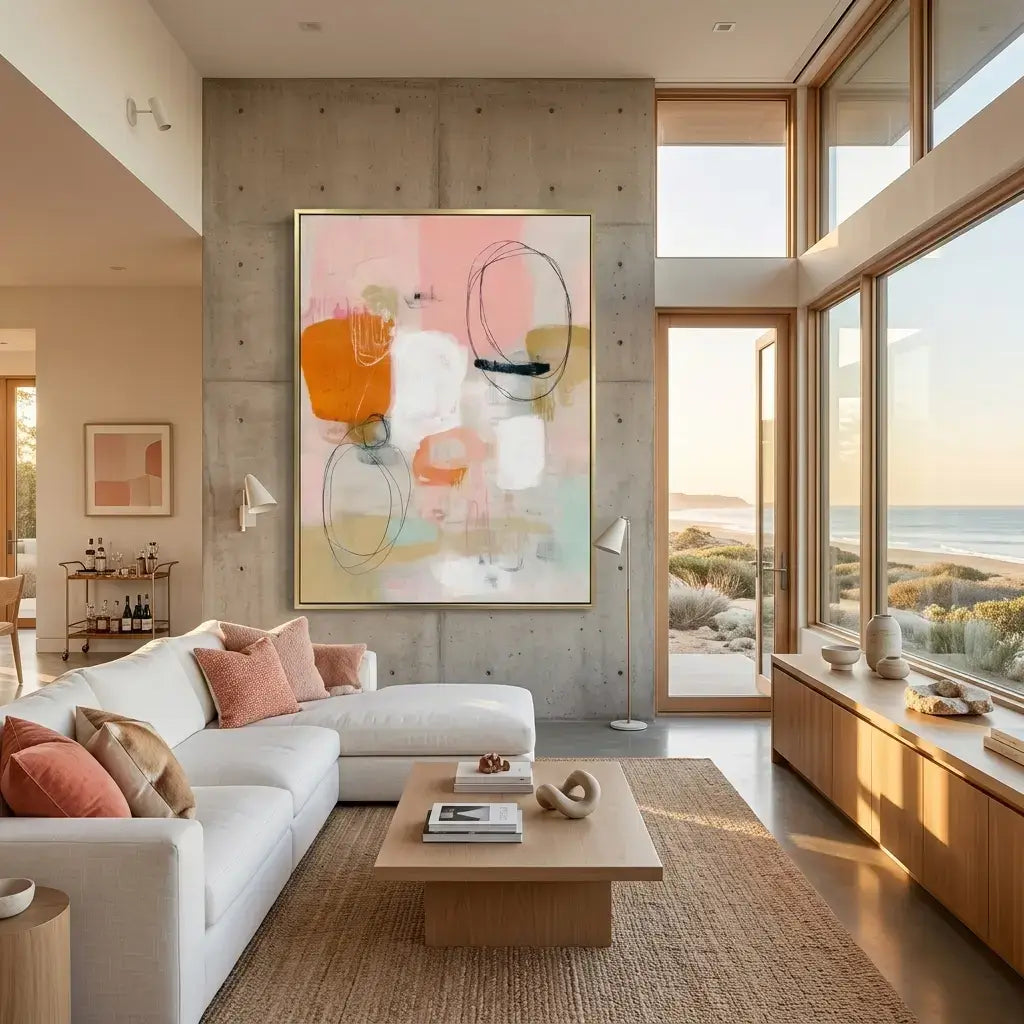 Modern living room with abstract art, white sofa, and large windows overlooking a beach.
