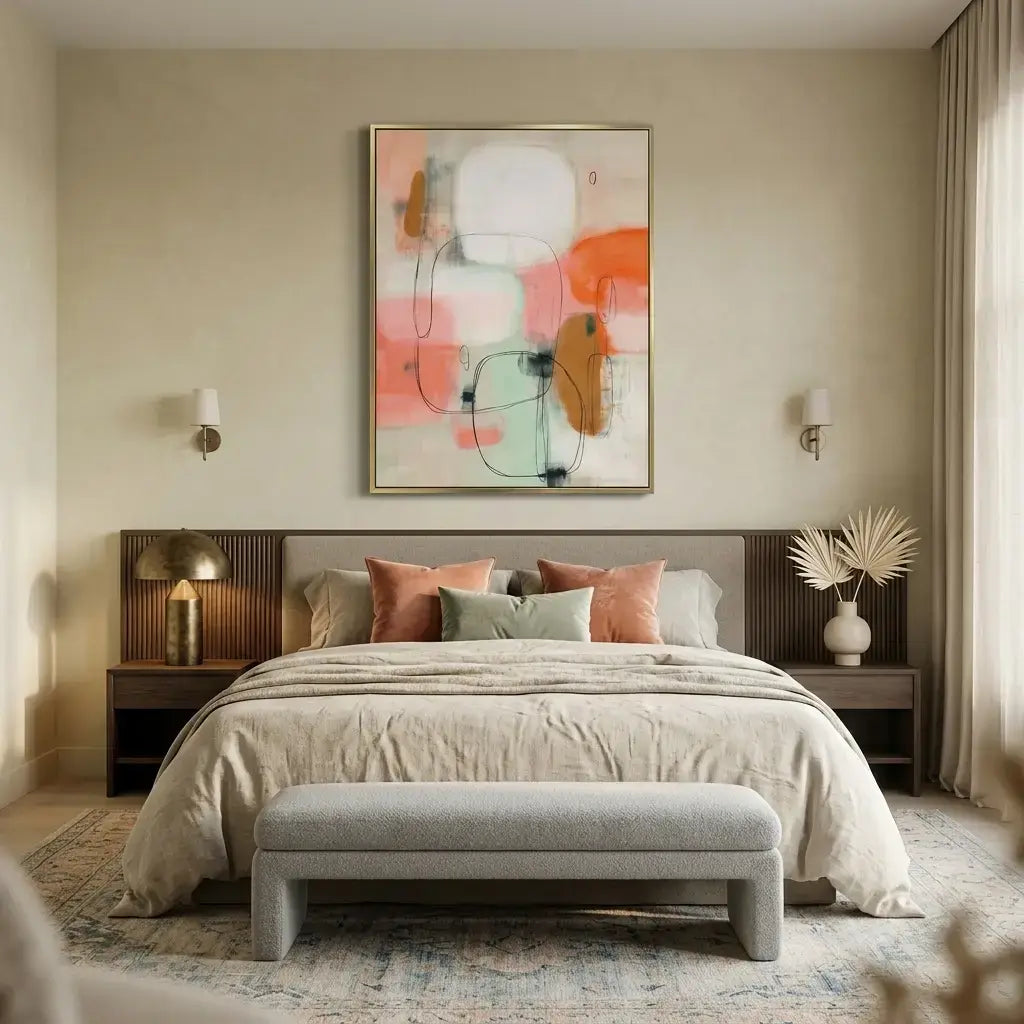 Modern bedroom with abstract art, bed, and bench.