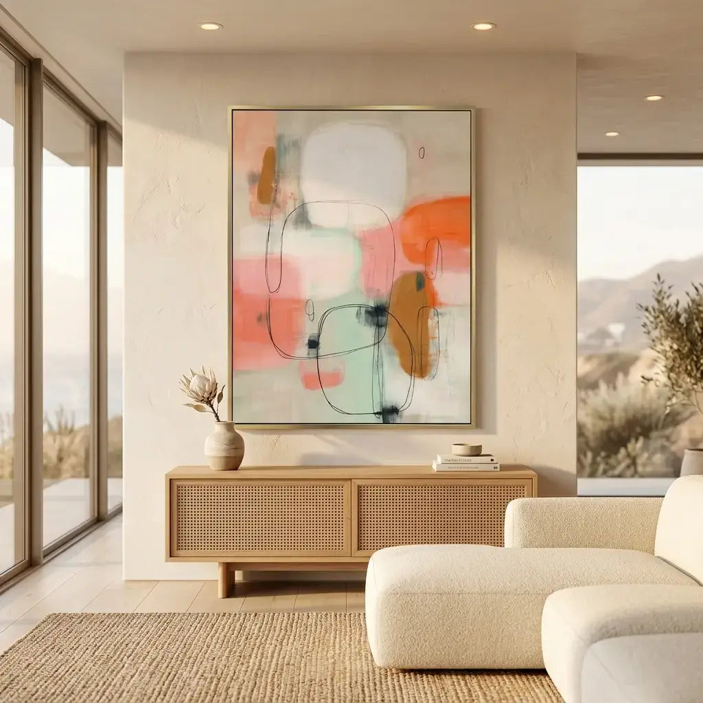 Modern living room with abstract art, wooden cabinet, and beige sofa.