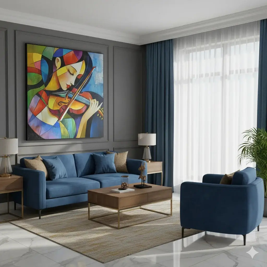 Modern living room with blue sofa, wooden coffee table, and colorful abstract painting on gray wall.