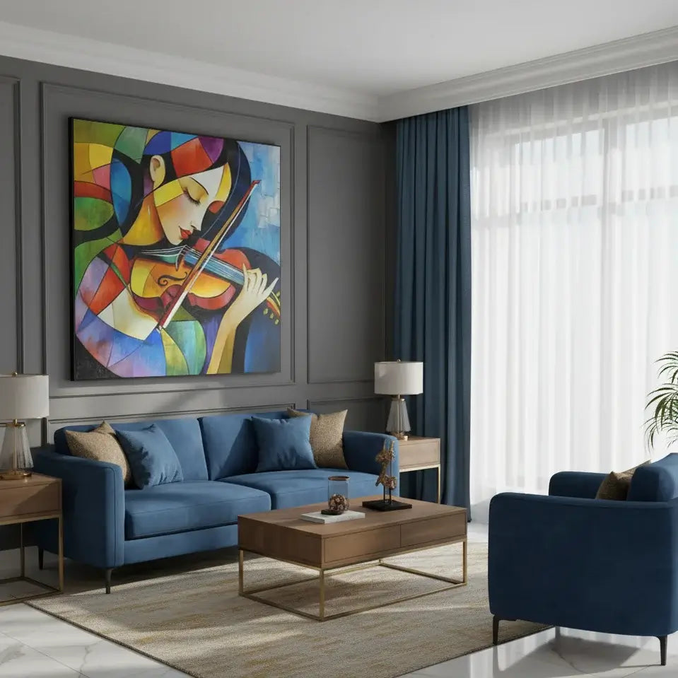 Modern living room with blue sofa, wooden coffee table, and colorful abstract painting on gray wall.