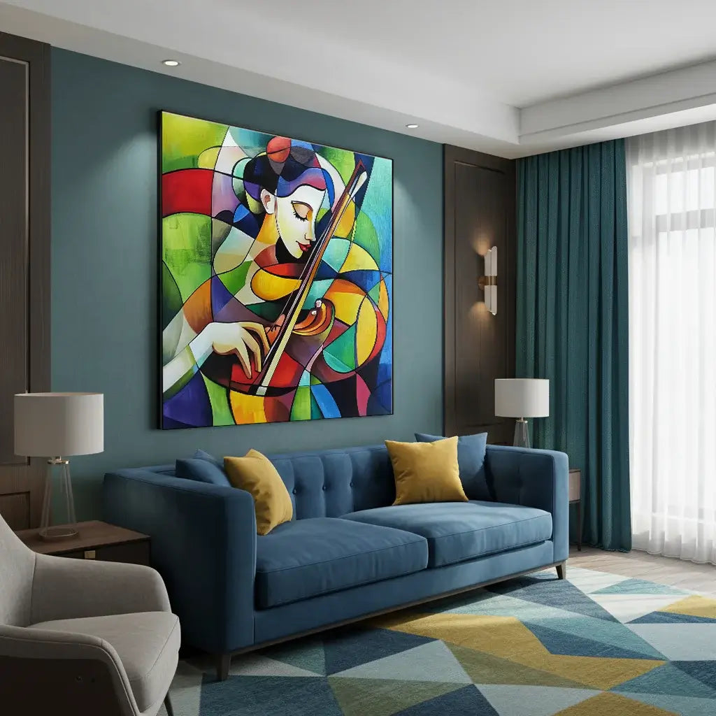 Modern living room with a colorful abstract painting above a blue sofa.