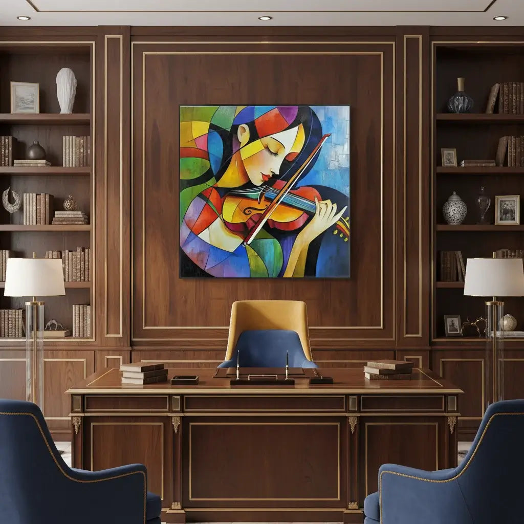 Colorful abstract painting of a woman playing the violin in a room with wooden walls and furniture.