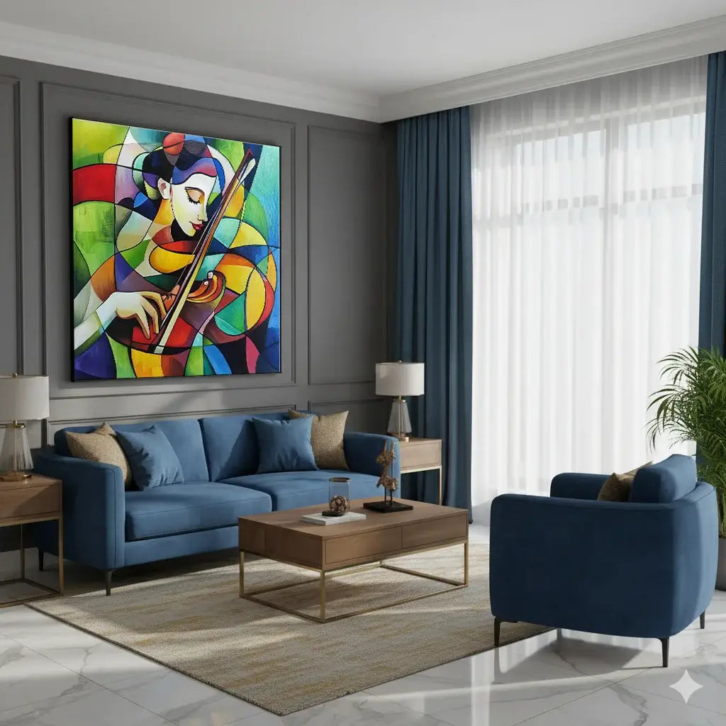 Modern living room with blue sofa, colorful abstract painting, and wooden coffee table.