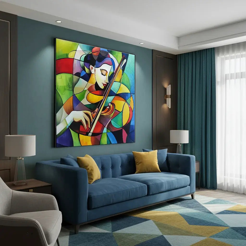 Modern living room with a colorful abstract painting of a woman playing the violin on the wall.