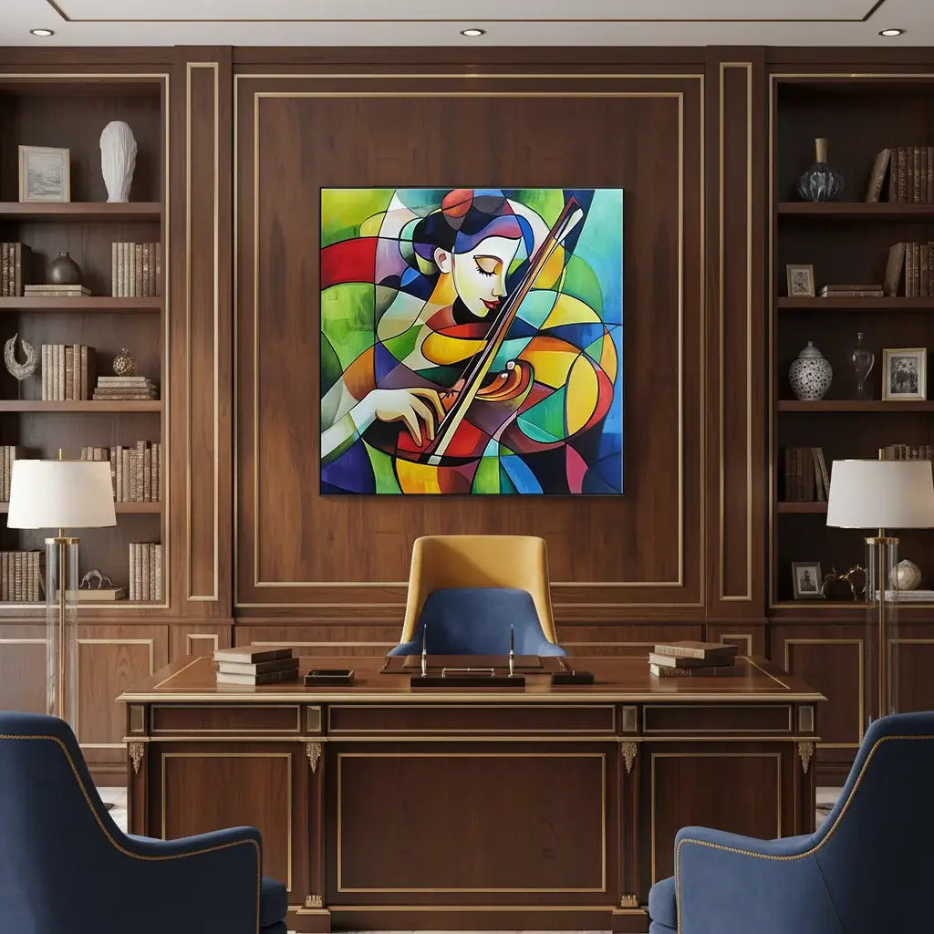 Colorful abstract painting of a woman playing a violin in a room with wooden walls, bookshelves, and a desk.
